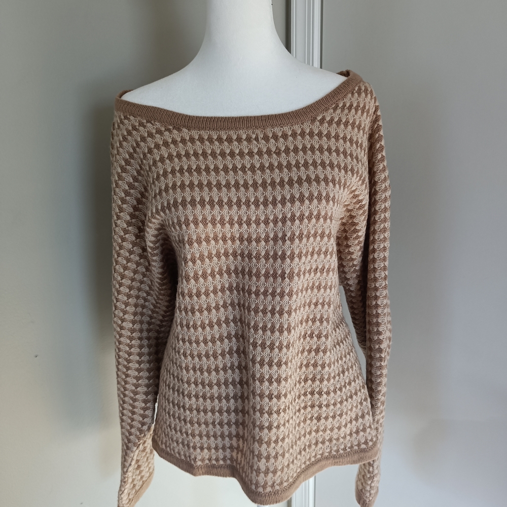 Tan Off-the-Shoulder Sweater with Textured Knit and Relaxed Fit